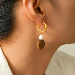 18K Gold-Plated Heart Hoop Tiger Eye Drop Earrings