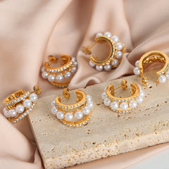 Pearl-Look & Clear Stone Open Hoop Earrings