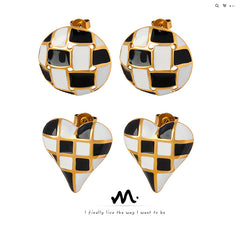 Checkerboard Enamel Heart or Round Stud Earrings