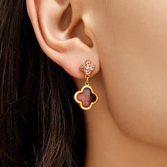 18K Gold-Plated Clover Glass Stone Drop Earrings