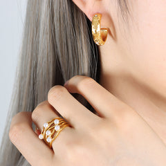 Embossed Floral Hoop Earrings & Open Cuff