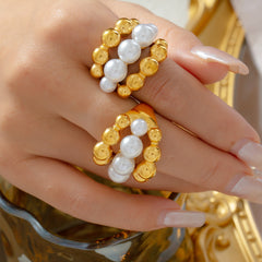 Gold-Tone Shell Pearl-Look Multi-Row Ring