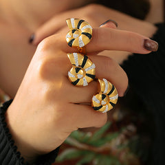 18K Gold-Plated Sculptural Black and Clear Accent Ring