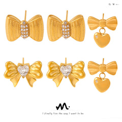 Bow Glass-Accent Stainless Steel Stud Earrings