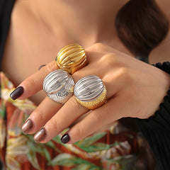 18K Gold-Plated Ridged Oval Statement Ring