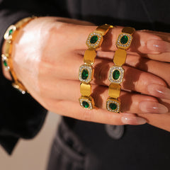 18K Gold-Plated Green Accent Geometric Bangle