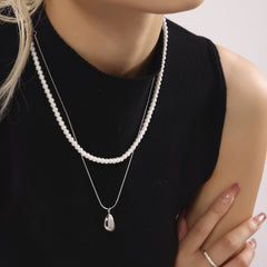 Layered Pearl-Look Teardrop Pendant Necklace