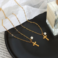 Cross and Pearl-Look Charm Anklet