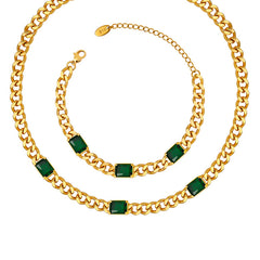Green Glass Curb Chain Necklace & Bracelet