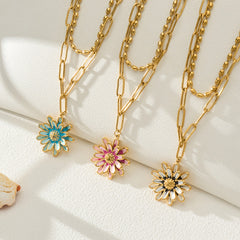 Layered Enamel Daisy Pendant Necklace
