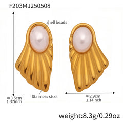 Shell-Pearl Fan-Shaped Stud Earrings