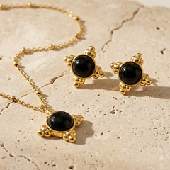 Black Agate Cross-Motif Pendant Necklace & Earrings
