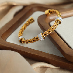 Braided Open Cuff Bracelet with Stone-Accent Bands