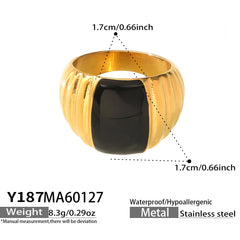 18K Gold-Plated Black Enamel Ribbed Ring