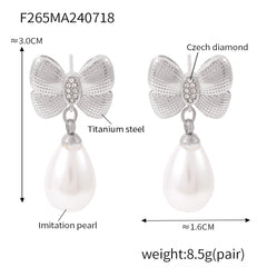 18K Gold-Plated Bow Pearl-Look Drop Earrings