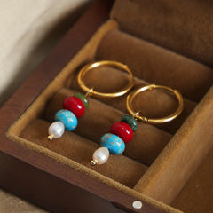 Natural Stone Bead Drop Hoop Earrings