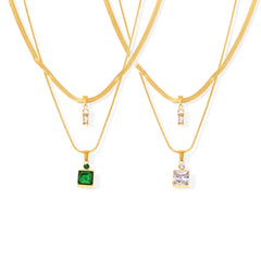 Gold-Tone Double-Layer Square Cubic Zirconia Necklace