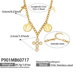 18K Gold-Plated Cross and Coin Charm Necklace