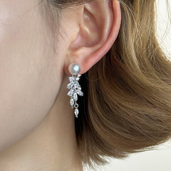 Nicolette Vintage-Inspired Pearl Pavé Leaf Drop Earrings