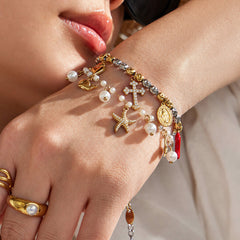 18K Gold-Plated Ocean and Cross Charm Bracelets