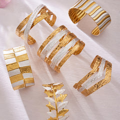 18K Gold-Plated Leaf and Geometric Wide Cuffs