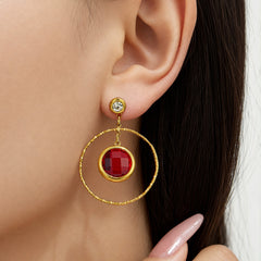 Glass Accent Double-Circle Drop Earrings