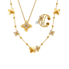 Flower Pendant Necklace and Pearl-Look Ring