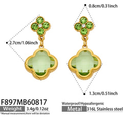 18K Gold-Plated Clover Glass Stone Drop Earrings