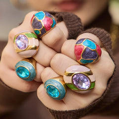 Color Enamel and Oval Glass Statement Rings