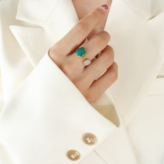 Green Enamel Geometric Open Ring