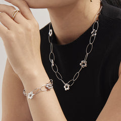 Flower Accent Oval Link Necklace or Bracelet