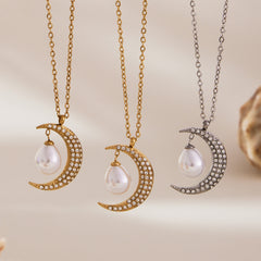 Cubic Zirconia Crescent Pearl-Look Necklace or Earrings