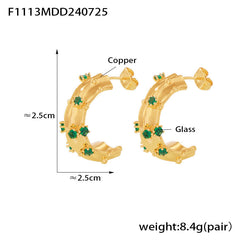 18K Gold-Plated Green Glass C-Hoop Earrings