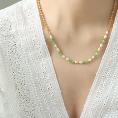 Green Cat-Eye-Look & Freshwater Pearl Beaded Necklace