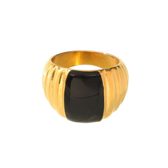 18K Gold-Plated Black Enamel Ribbed Ring