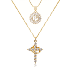 2-Piece 14K Diamond Cross Crown & Initial Necklace Set