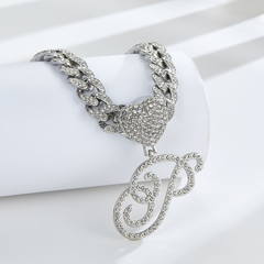 Cursive Diamond Accented Initial Cuban Heart Necklace