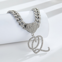 Cursive Diamond Accented Initial Cuban Heart Necklace