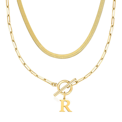 2-Piece Paperclip Initial Toggle Clasp & Herringbone Necklace Set
