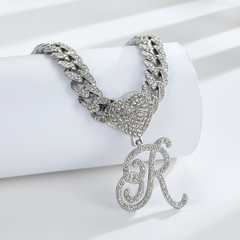 Cursive Diamond Accented Initial Cuban Heart Necklace