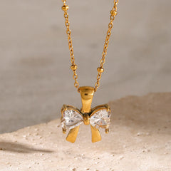 Dainty Feminine Diamond Bow Necklace
