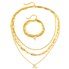 Paperclip & Curb Chain Dainty Pearl Bracelet and Necklace Stack Set
