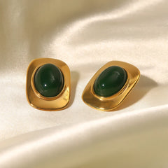 18K Green Oval Opal Rectangle Earrings