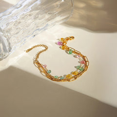 18K Stacked Curb, Paperclip, & Crystal Bracelet