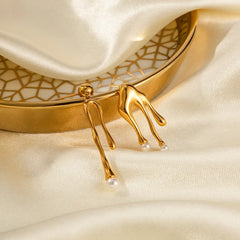 18K Dainty Asymmetrical Melted Gold Pearl Earrings