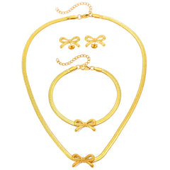 Feminine Bow Herringbone Chain Necklace, Bracelet, and Earring Set