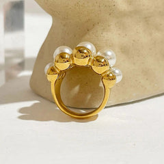 18K Chunky Gold Accented Pearl Bead Ring