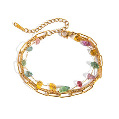 18K Stacked Curb, Paperclip, & Crystal Bracelet