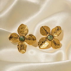 18K Green Stone Floral Stud Earrings