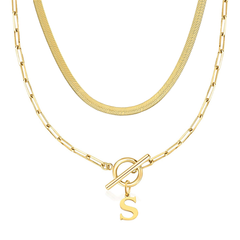 2-Piece Paperclip Initial Toggle Clasp & Herringbone Necklace Set